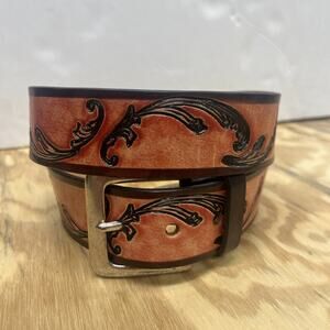 Express Red Genuine Leather Tooled Belt Size Large Western Brass Buckle
